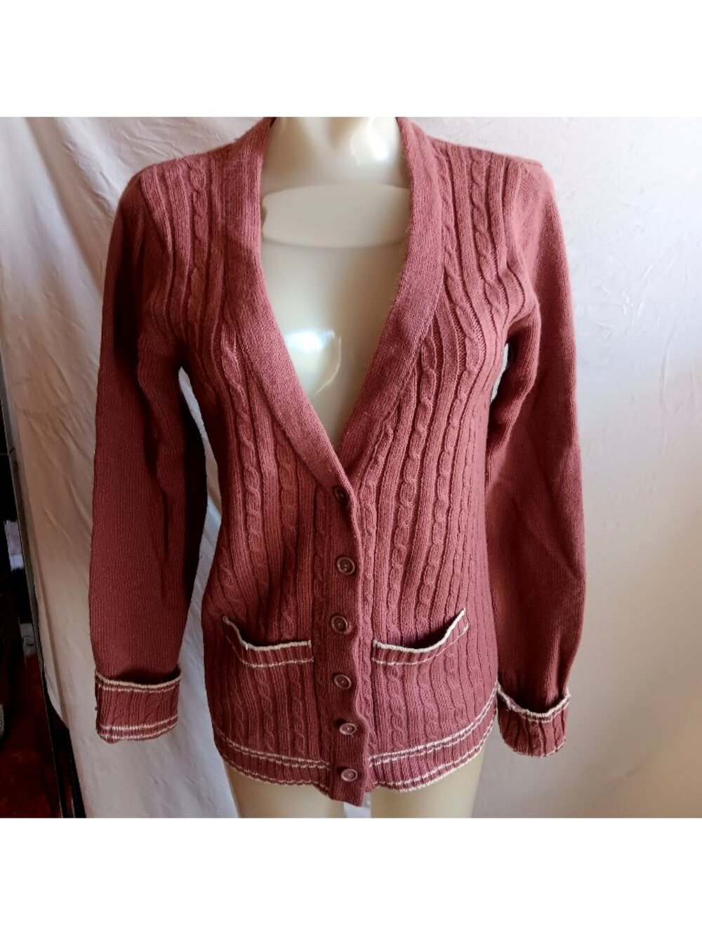 Vintage 1970's Women's Small Cardigan Sweater Jacket Collage Cable Knit Ringer